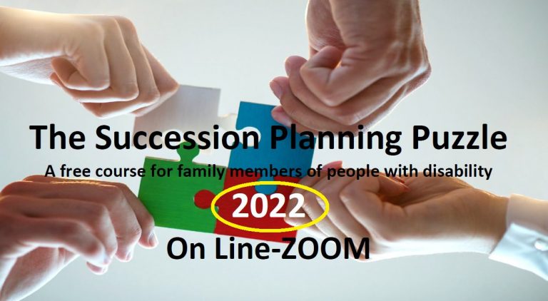 photo of four hands holding one different coloured jigsaw piece each. text includes 'a free course for family members of people with disability' and 2022 is circled to highlight it.