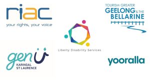 Logos of the Bronze sponsors of HaS conference 2024 including RIAC< Liberty Disability Services, genU, Yooralla & Tourism the Bellarine & Geelong