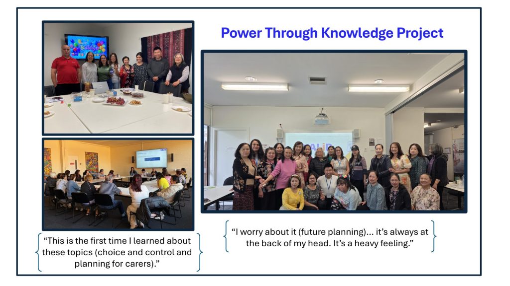 Group of diverse people gathered around a table with snacks, engaging in a learning session for the Power Through Knowledge Project.
