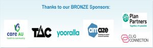 Bronze sponsors of Having a Say conference 2025 - logos of TAC, Yooralla, Amaze, Plan Partners, The Cliq Connection & Care Au