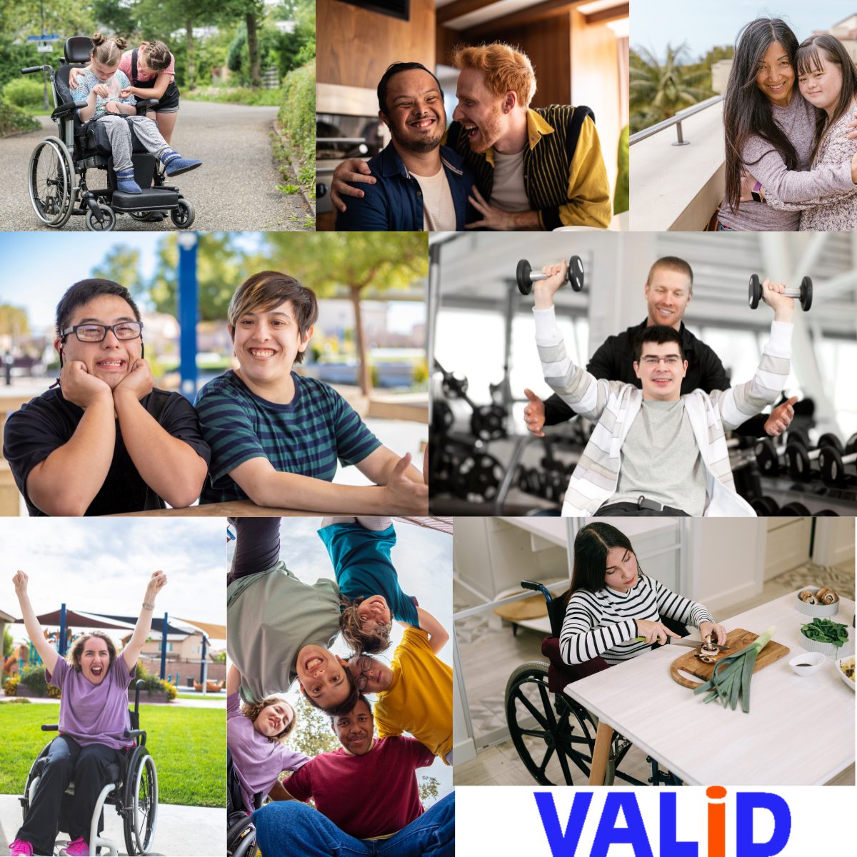 A collection of photos of people with disability at home and in the community, alone and with others. VALID's logo is in the bottom right corner.