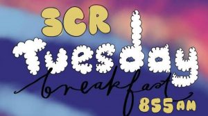 Blue and purple background with yellow and white text. Text reads: 3CR Tuesday Breakfast 855AM.