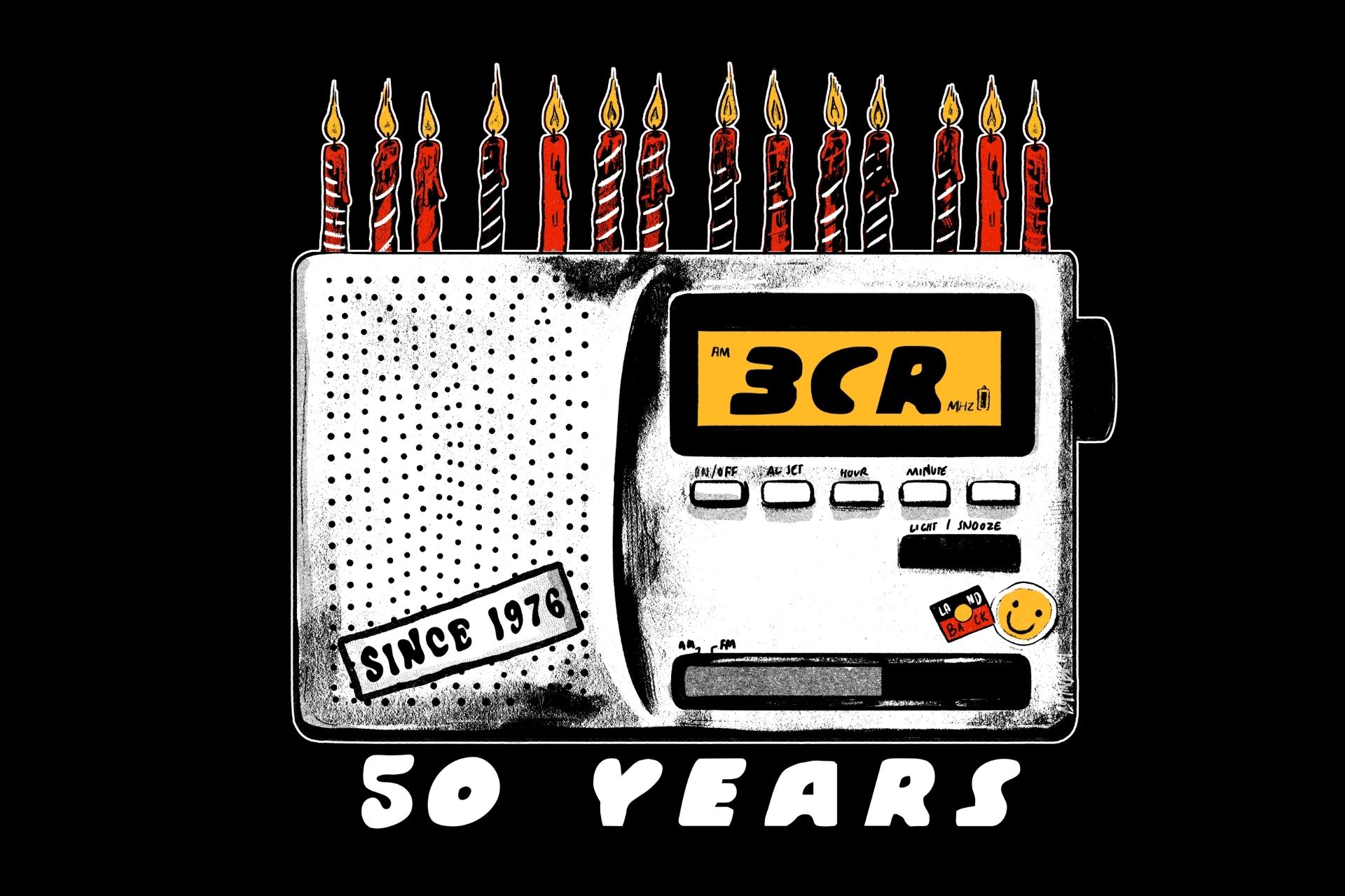 Graphic of an old school walkman radio set to 3CR with a sticker on it that says "since 1976". There are red and black birthday candles sitting atop the walkman as though it is a birthday cake. Text below reads "50 years".